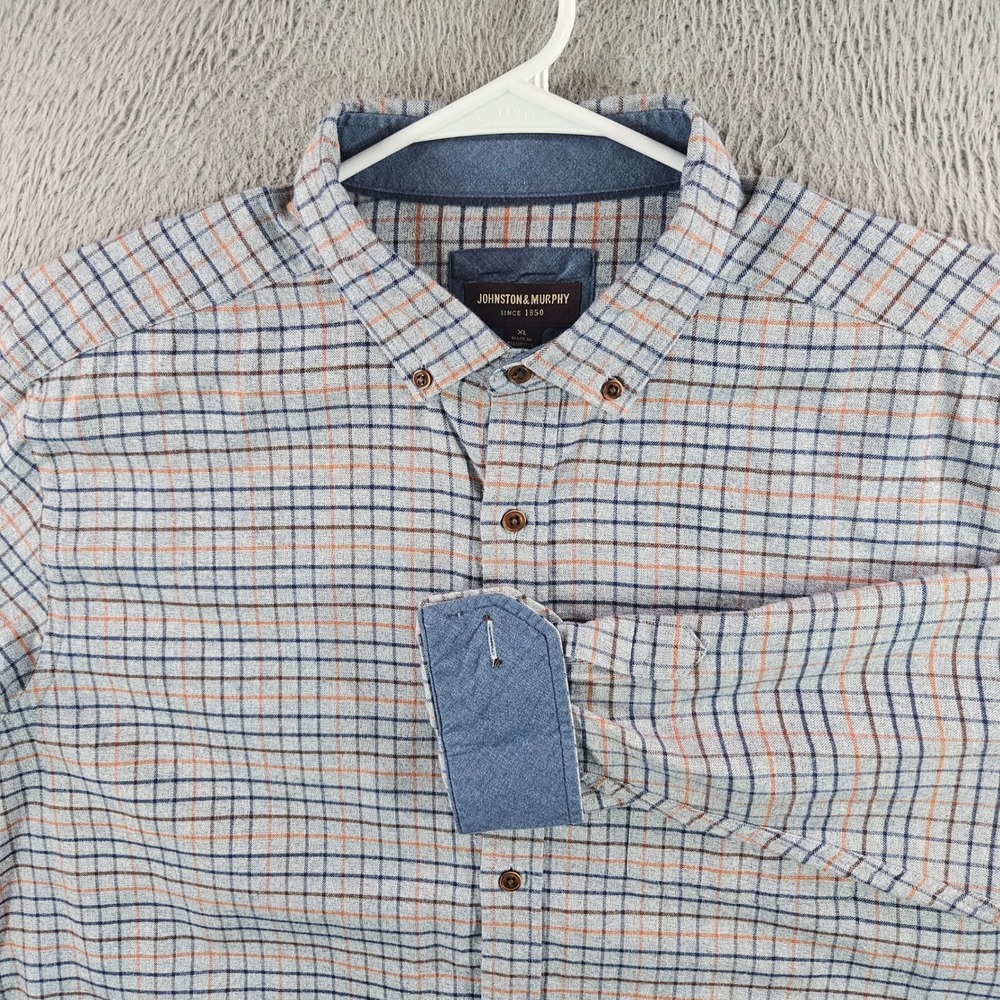 Johnston & Murphy Mens XL Plaid Button Down Shirt Grey Blue Orange Cotton